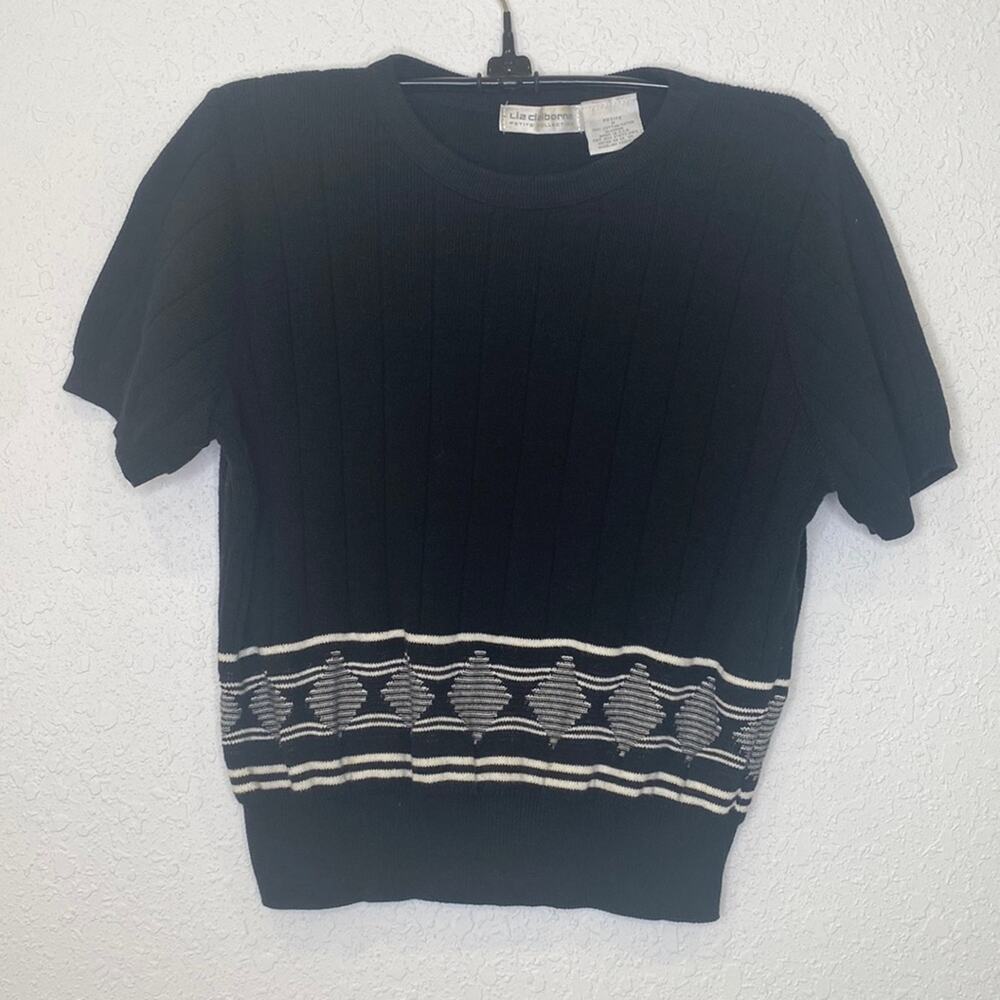 Liz Claiborne Petite Collection Short Sleeve Knit Sweater Black White EUC SP